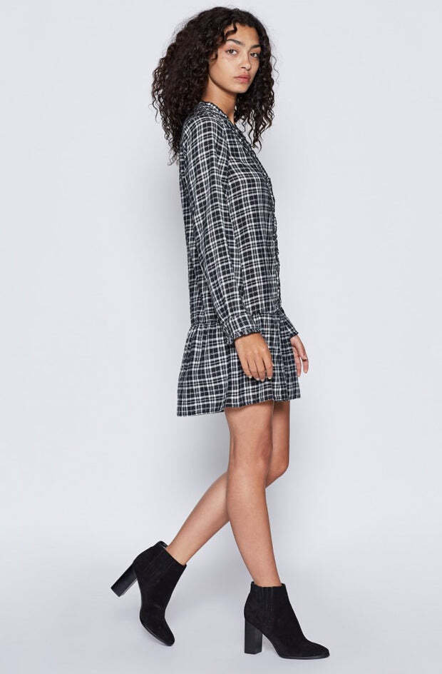 Joie Kaisa Black White Plaid Drop Waist Shift Dress Size XS Ruffle Trim