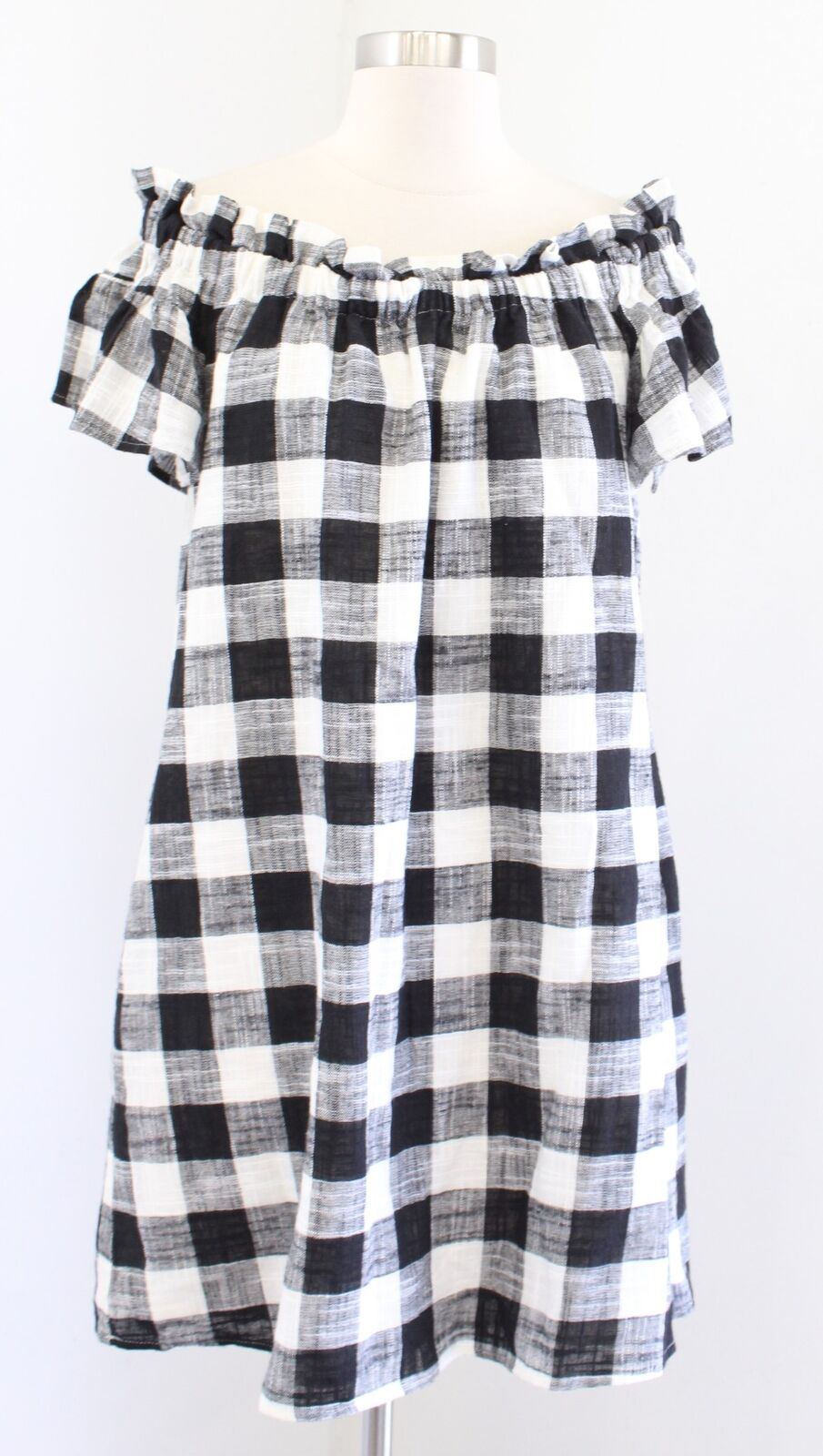 Corey Lynn Calter Anthropologie Black White Plaid Off the Shoulder Dress Size S