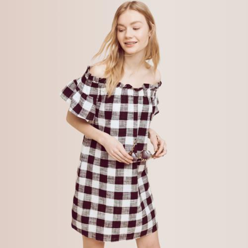 Corey Lynn Calter Anthropologie Black White Plaid Off the Shoulder Dress Size S