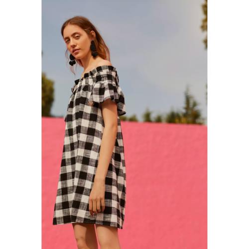 Corey Lynn Calter Anthropologie Black White Plaid Off the Shoulder Dress Size S