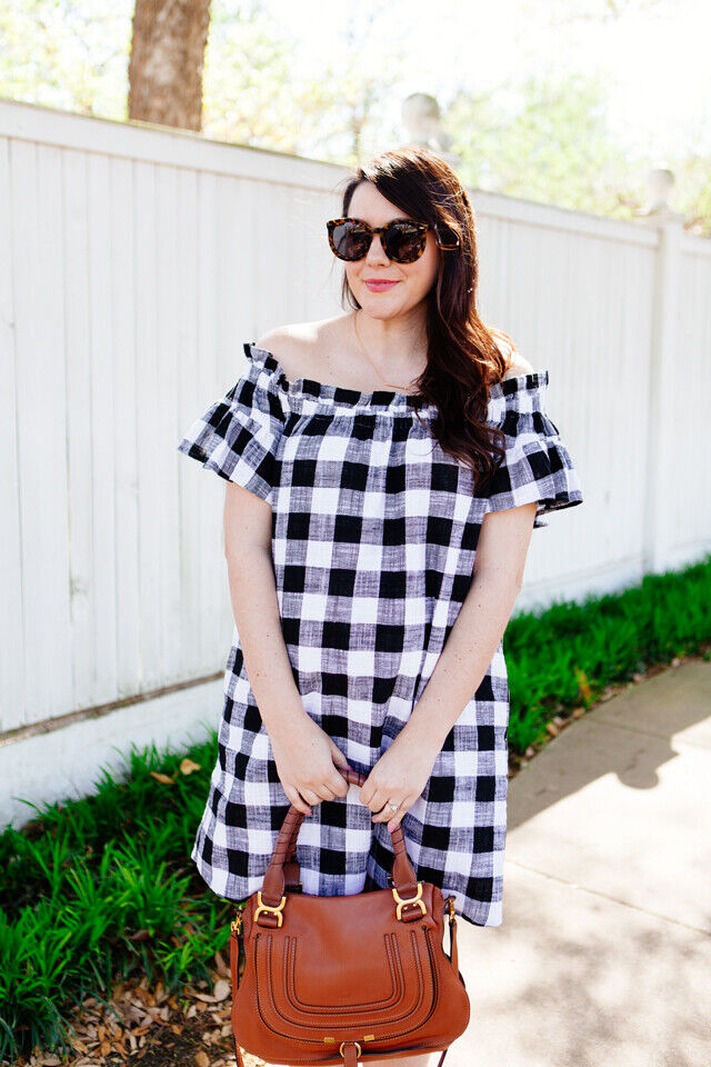 Corey Lynn Calter Anthropologie Black White Plaid Off the Shoulder Dress Size S