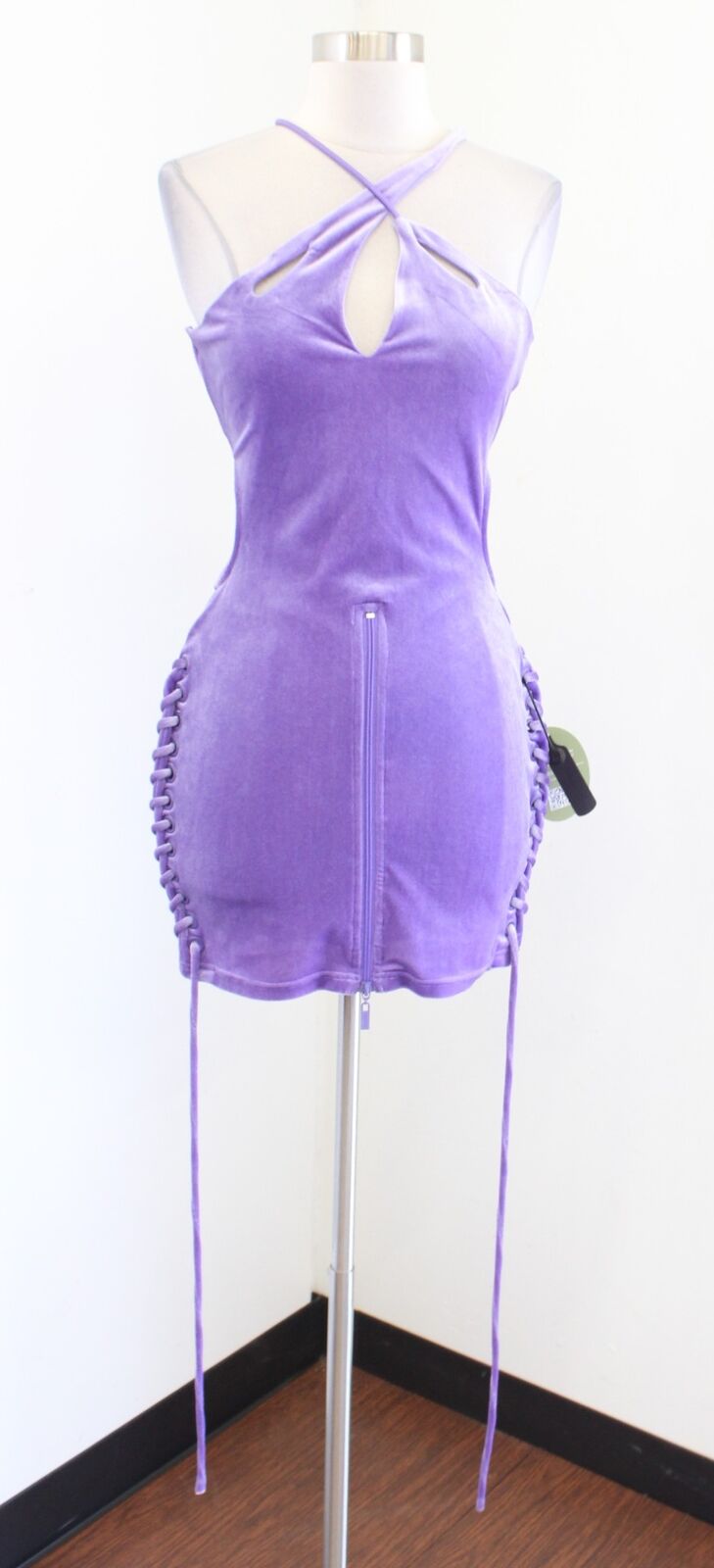 NWT BBxBrand Purple Velvet Cutout Lace Up Detail Mini Party Club Dress Size M