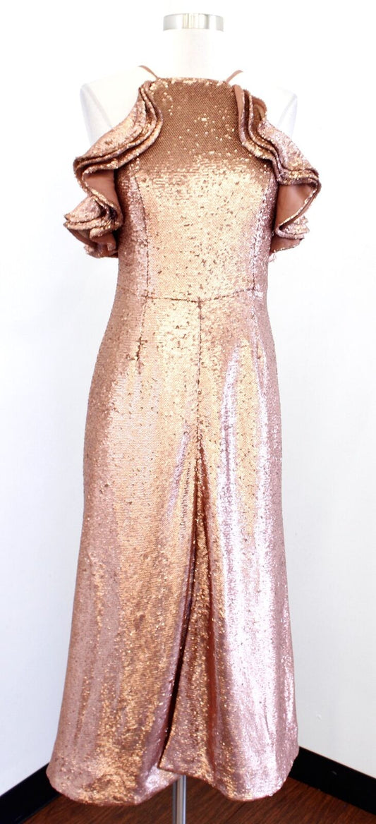 NWT Cmeo C/Meo Collective Illuminated Ruffle Copper Sequin Midi Dress Evening M