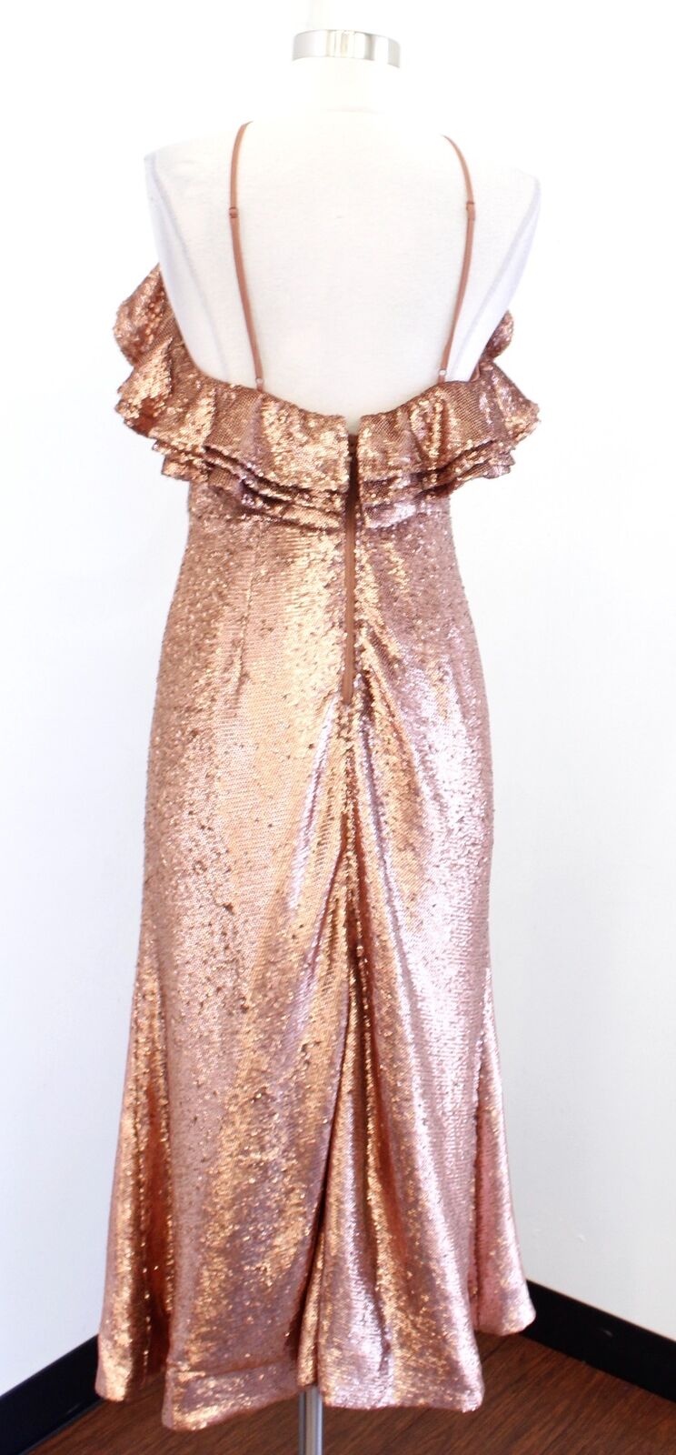 NWT Cmeo C/Meo Collective Illuminated Ruffle Copper Sequin Midi Dress Evening M