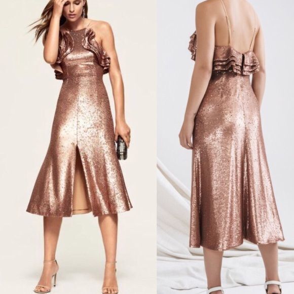 NWT Cmeo C/Meo Collective Illuminated Ruffle Copper Sequin Midi Dress Evening M