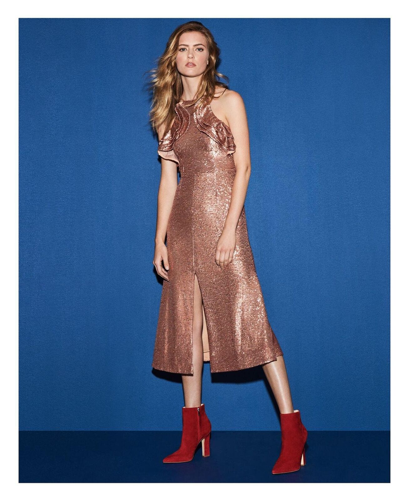 NWT Cmeo C/Meo Collective Illuminated Ruffle Copper Sequin Midi Dress Evening M