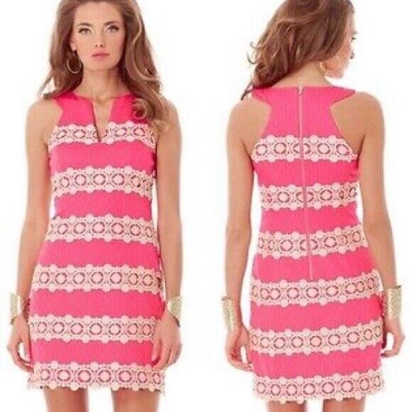 Lilly Pulitzer Augusta Anchor Print Jacquard Lace Trim Shift Dress Size 4 Pink