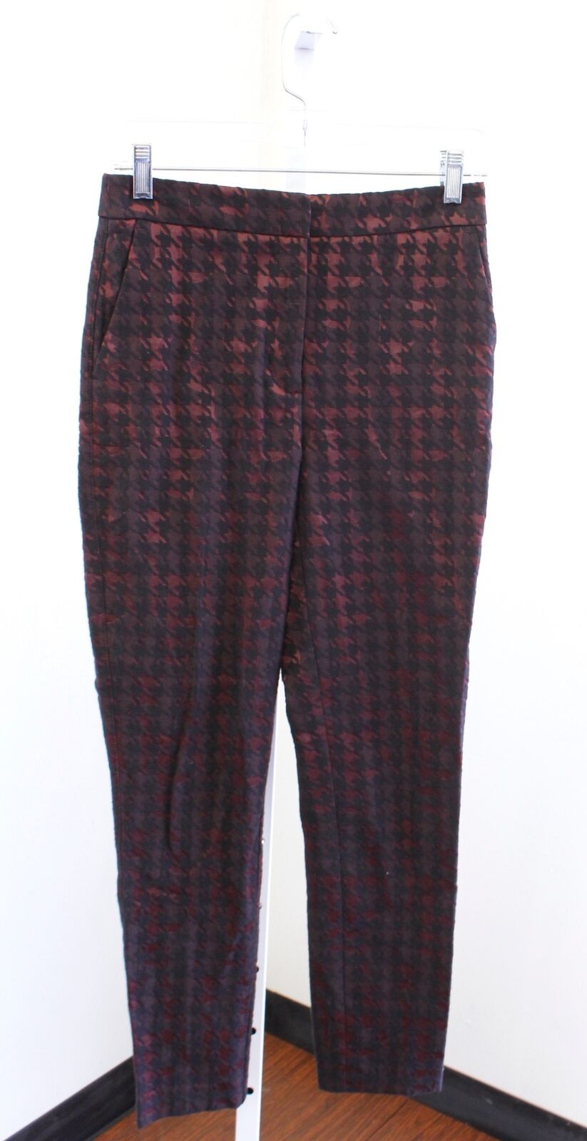 REISS Laura Black Burgundy Red Houndstooth Print Slim Skinny Ankle Pants Size 2