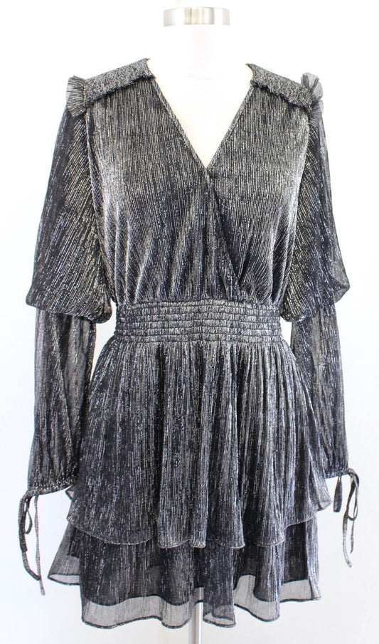 NEW Misa Los Angeles Maeryn Black Silver Metallic Dress Size S Ruffle Party