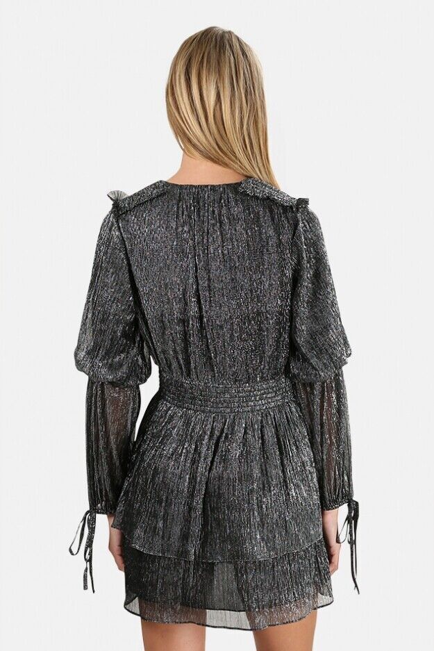 NEW Misa Los Angeles Maeryn Black Silver Metallic Dress Size S Ruffle Party