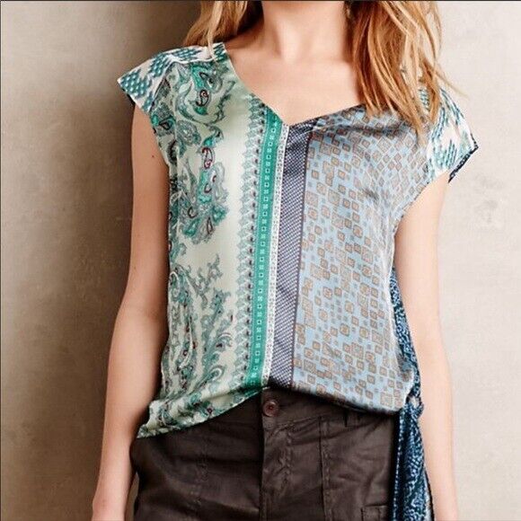 Tiny Anthropologie Kumiko Mixed Scarf Print Side Tie Top Blouse Size S Paisley