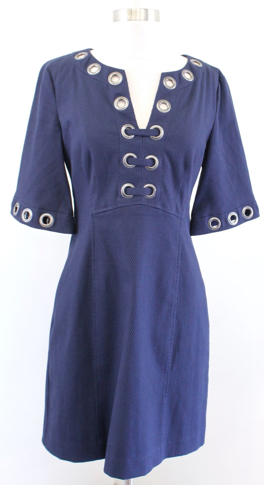 Nanette Lepore Navy Blue Textured Grommet Cutout V Neck Sheath Dress Size 2