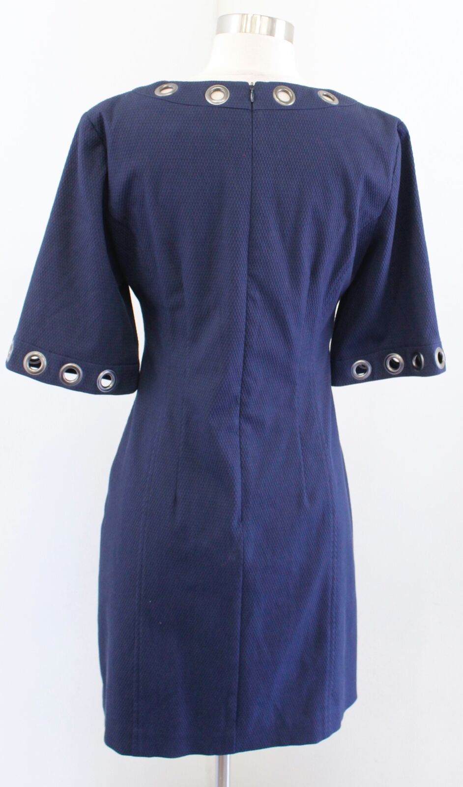 Nanette Lepore Navy Blue Textured Grommet Cutout V Neck Sheath Dress Size 2