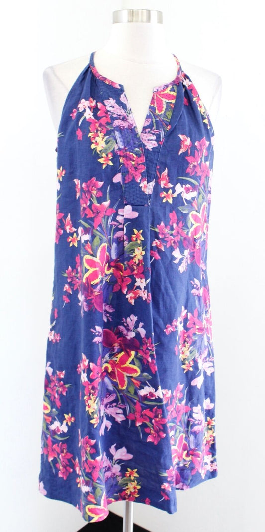 Tommy Bahama Navy Blue Floral Print Linen Shift Dress XS Split Neck Sleeveless