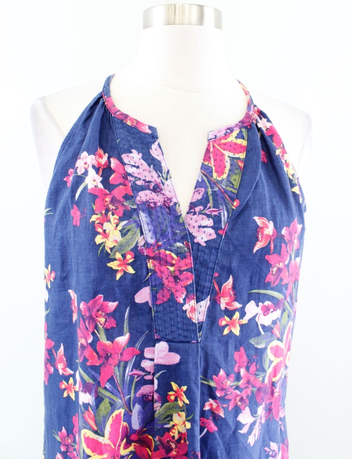 Tommy Bahama Navy Blue Floral Print Linen Shift Dress XS Split Neck Sleeveless