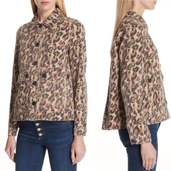 Veronica Beard Jeans Mercer Leopard Animal Print Military Denim Jacket Size XL