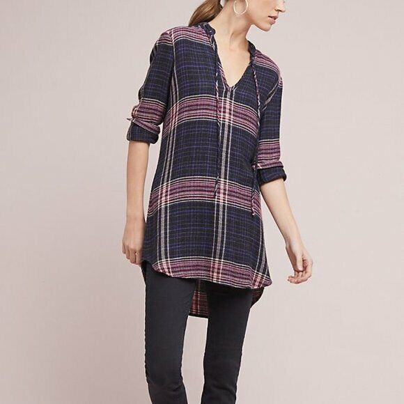 Cloth and Stone Anthropologie Versify Plaid Tie Tunic / Mini Dress Size XS Black