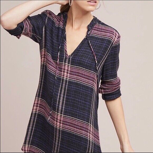 Cloth and Stone Anthropologie Versify Plaid Tie Tunic / Mini Dress Size XS Black