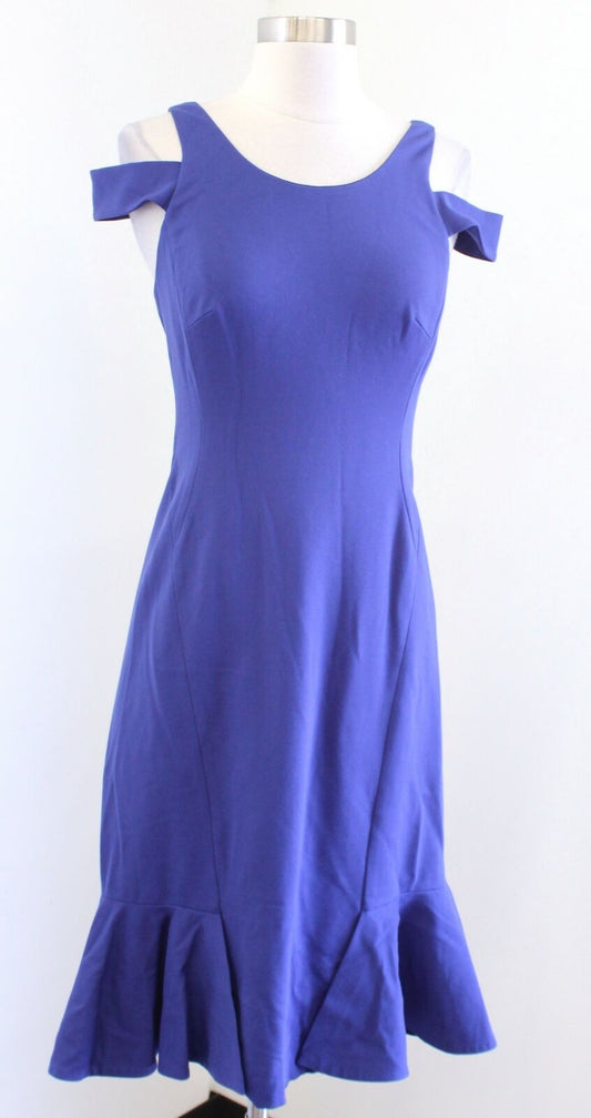 Rebecca Taylor Blue Ponte Knit Cold / Off the Shoulder Flounce Hem Dress Size 2