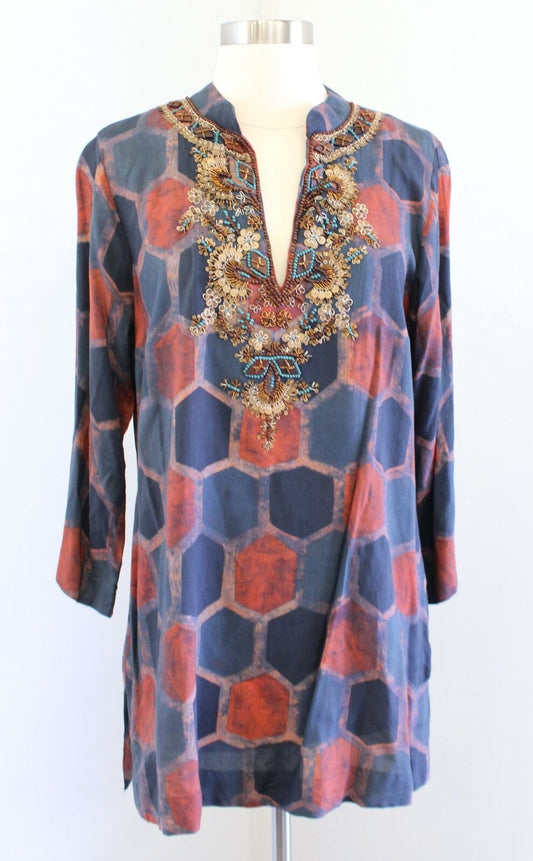 Soft Surroundings Millefiori Blue Geometric Print Sequin Tunic Top Blouse Size M