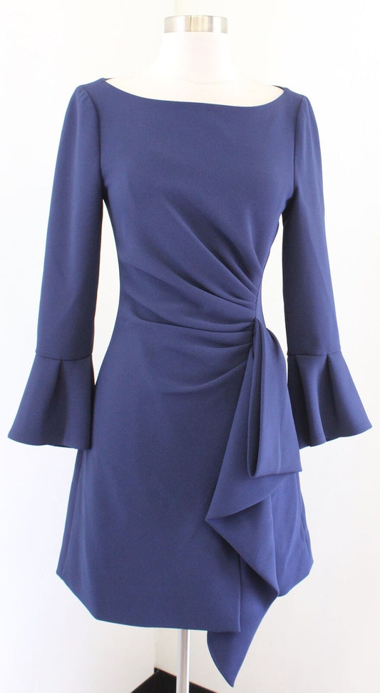 NWT Jonathan Simkhai Blue Asymmetrical Ruffle Crepe Ruched Dress 0 Bell Sleeve