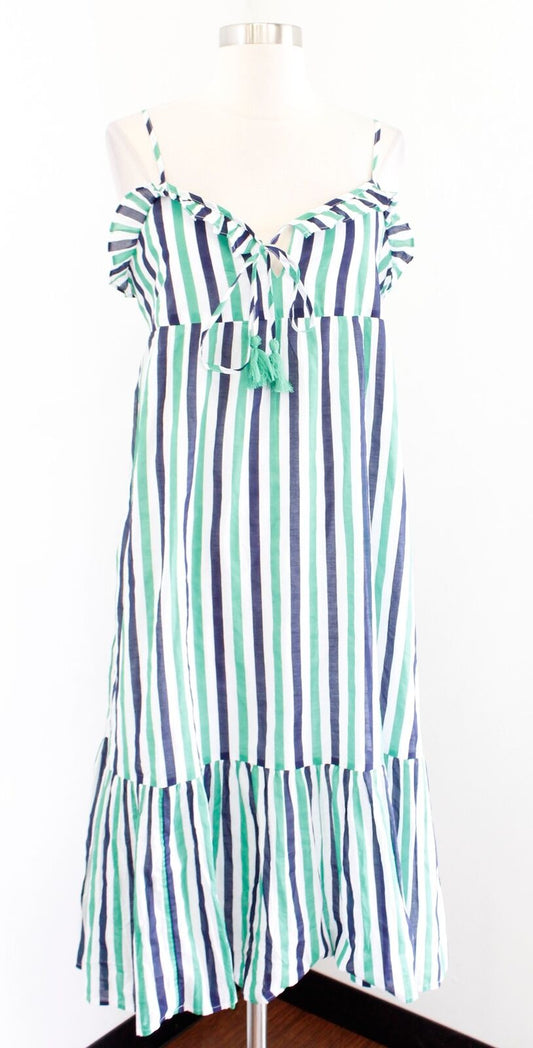 NWT J Crew Factory Striped Ruffle Tiered Maxi Cover Up Dress Size XS Beach Green