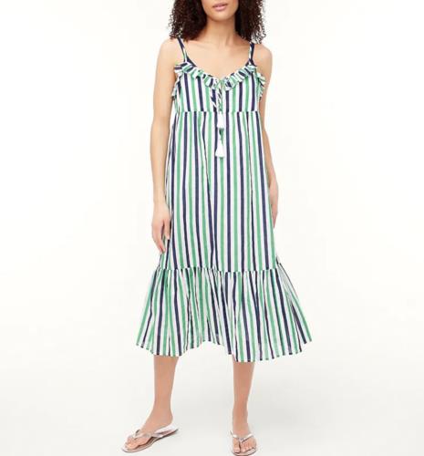 NWT J Crew Factory Striped Ruffle Tiered Maxi Cover Up Dress Size XS Beach Green