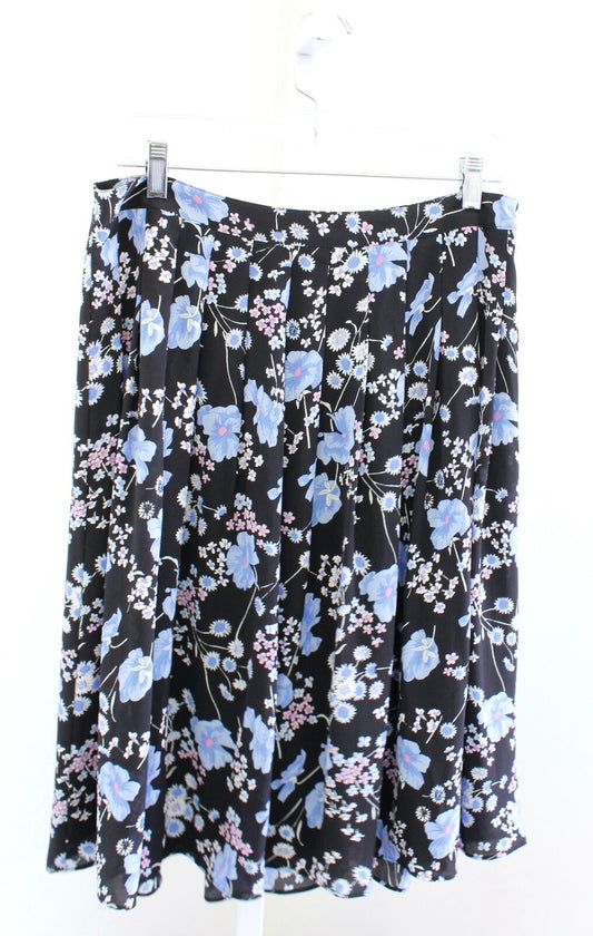 NWT Talbots Womens Black Blue Wildflower Floral Print Pleated Midi Skirt Size 8