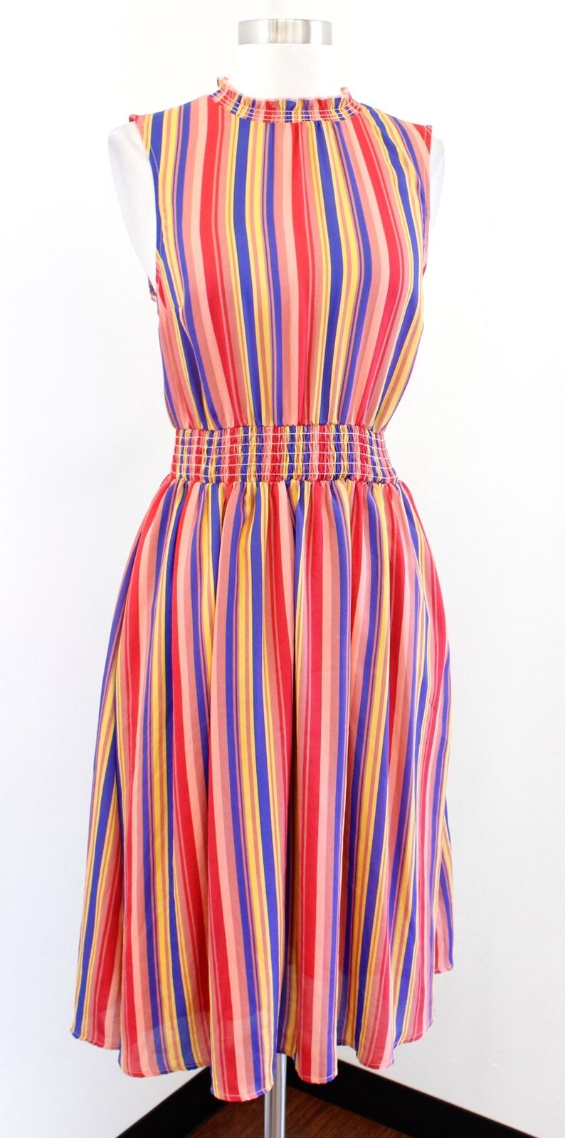 Modcloth Colorful Rainbow Striped Smocked Ruffle Neck Dress Size S Sleeveless