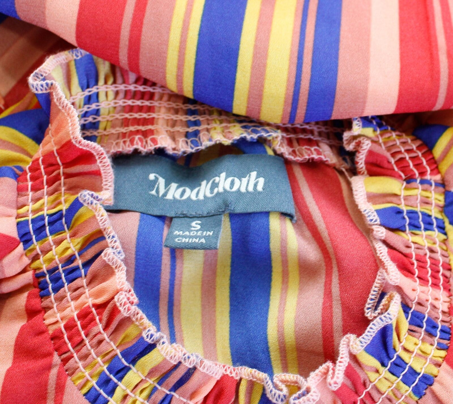 Modcloth Colorful Rainbow Striped Smocked Ruffle Neck Dress Size S Sleeveless