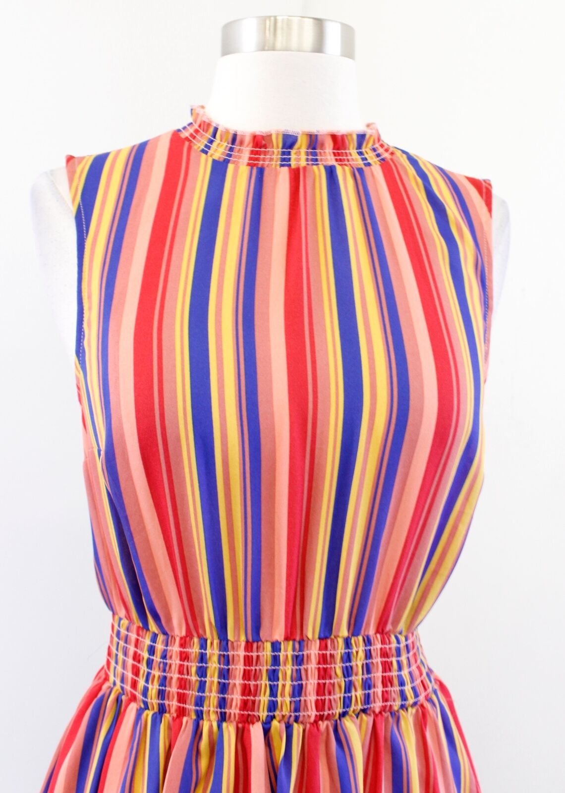 Modcloth Colorful Rainbow Striped Smocked Ruffle Neck Dress Size S Sleeveless