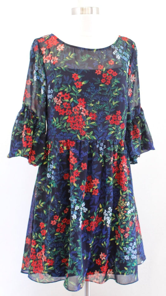 Lauren Ralph Lauren Navy Blue Floral Print Bell Sleeve Flare Dress Size 6 Casual