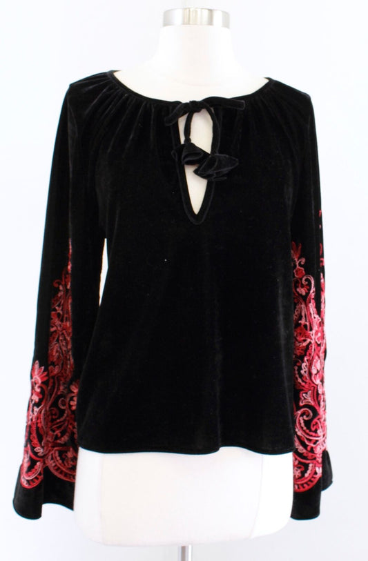 Misa Los Angeles Mava Black Velvet Red Embroidered Sleeve Top Blouse Size S