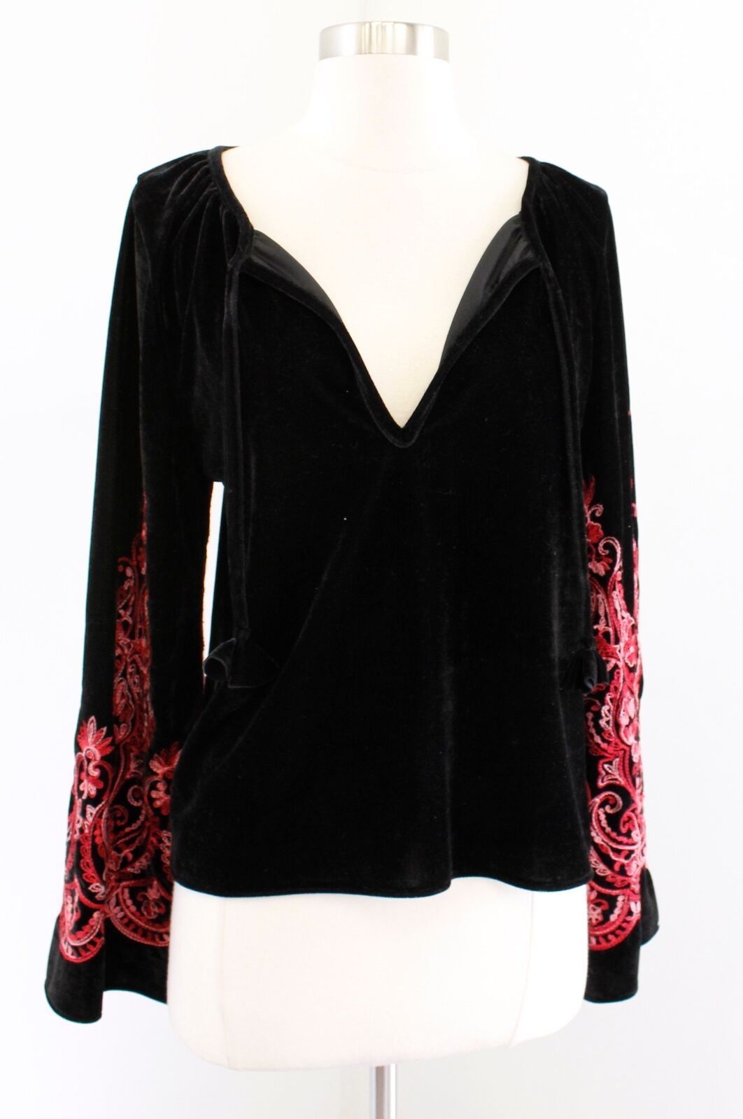 Misa Los Angeles Mava Black Velvet Red Embroidered Sleeve Top Blouse Size S