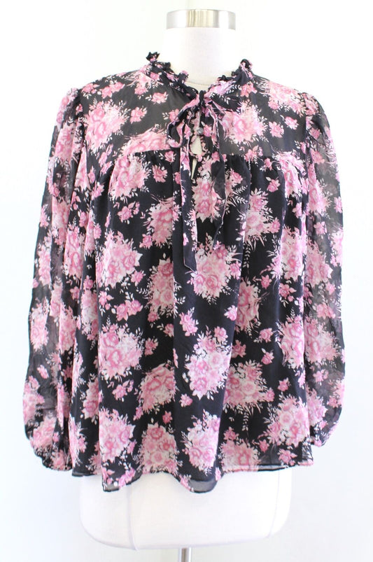 LoveShackFancy Gamela Black Pink Floral Print Silk Ruffle Tie Neck Top Blouse XS