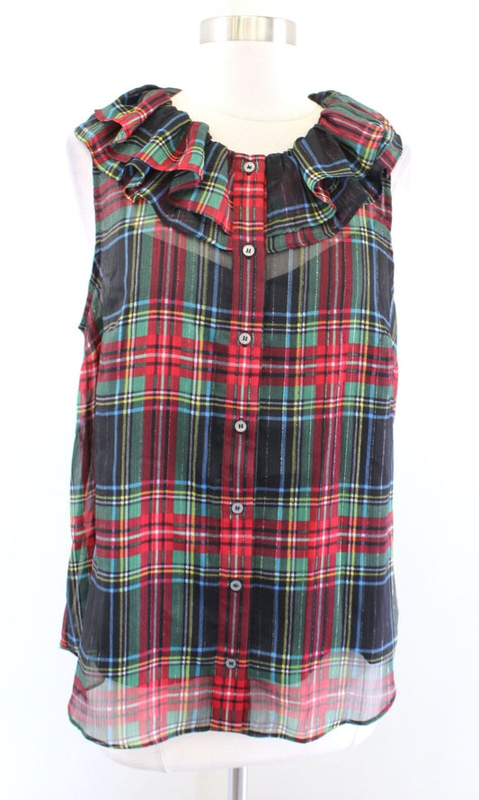 NWT J Crew Metallic Tartan Plaid Ruffle Collar Top Blouse Size S Black Red Green