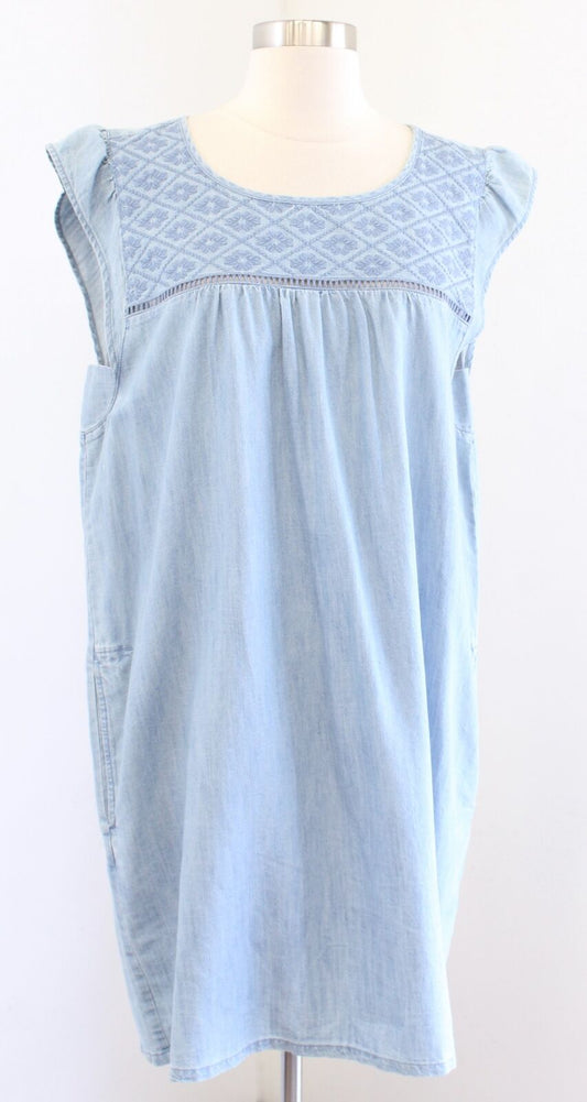 NWT $198 Soft Joie Anandi Chambray Embroidered Flutter Shift Dress Size L Casual