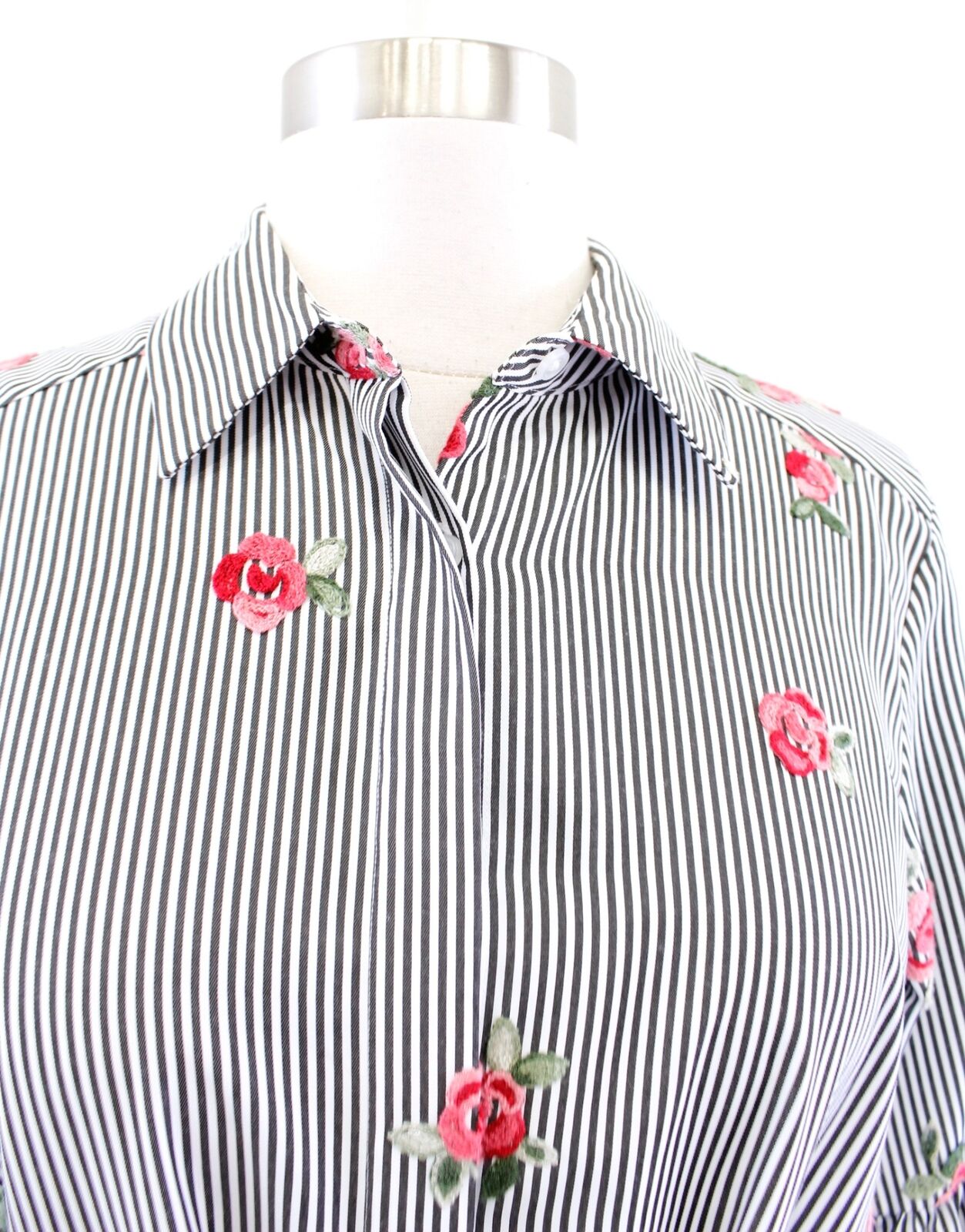 Calvin Klein Gray Striped Floral Embroidered Bell Sleeve Tie Waist Shirt Dress 4