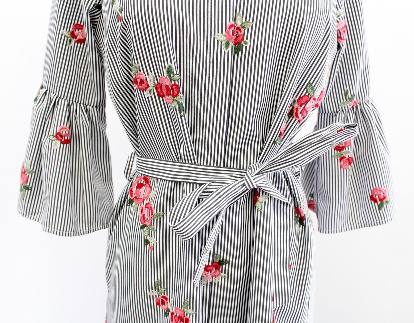 Calvin Klein Gray Striped Floral Embroidered Bell Sleeve Tie Waist Shirt Dress 4