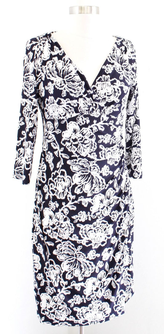 Lauren Ralph Lauren Navy Blue White Floral Print Ruched Wiggle Sheath Dress Sz 6