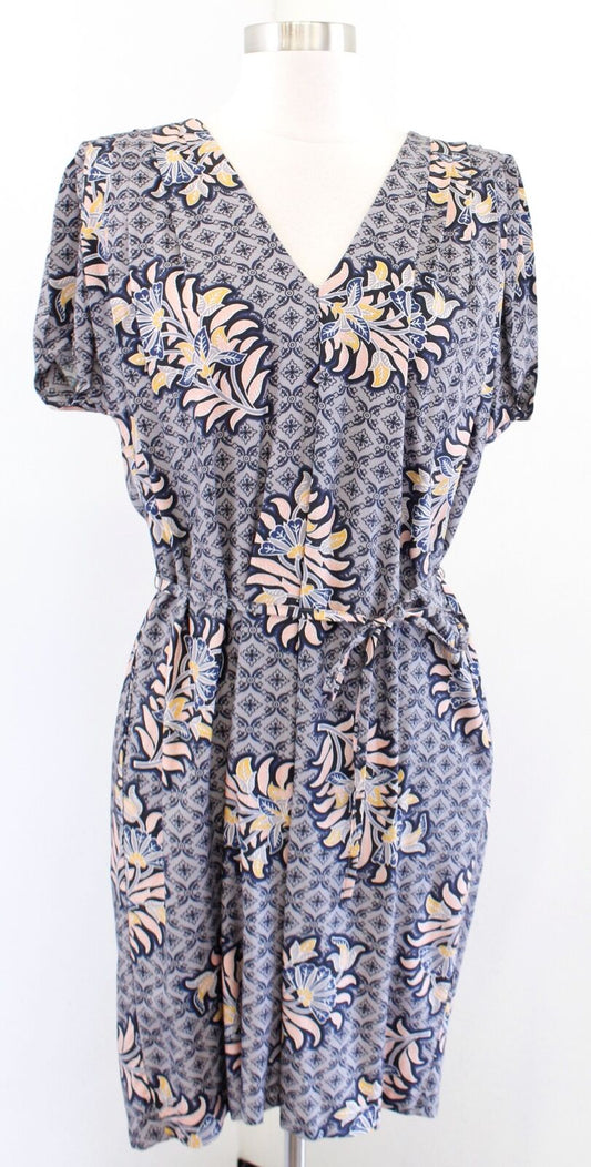 The Odells Gray Floral Print V Neck Tie Waist Shift Dress Size S Geometric