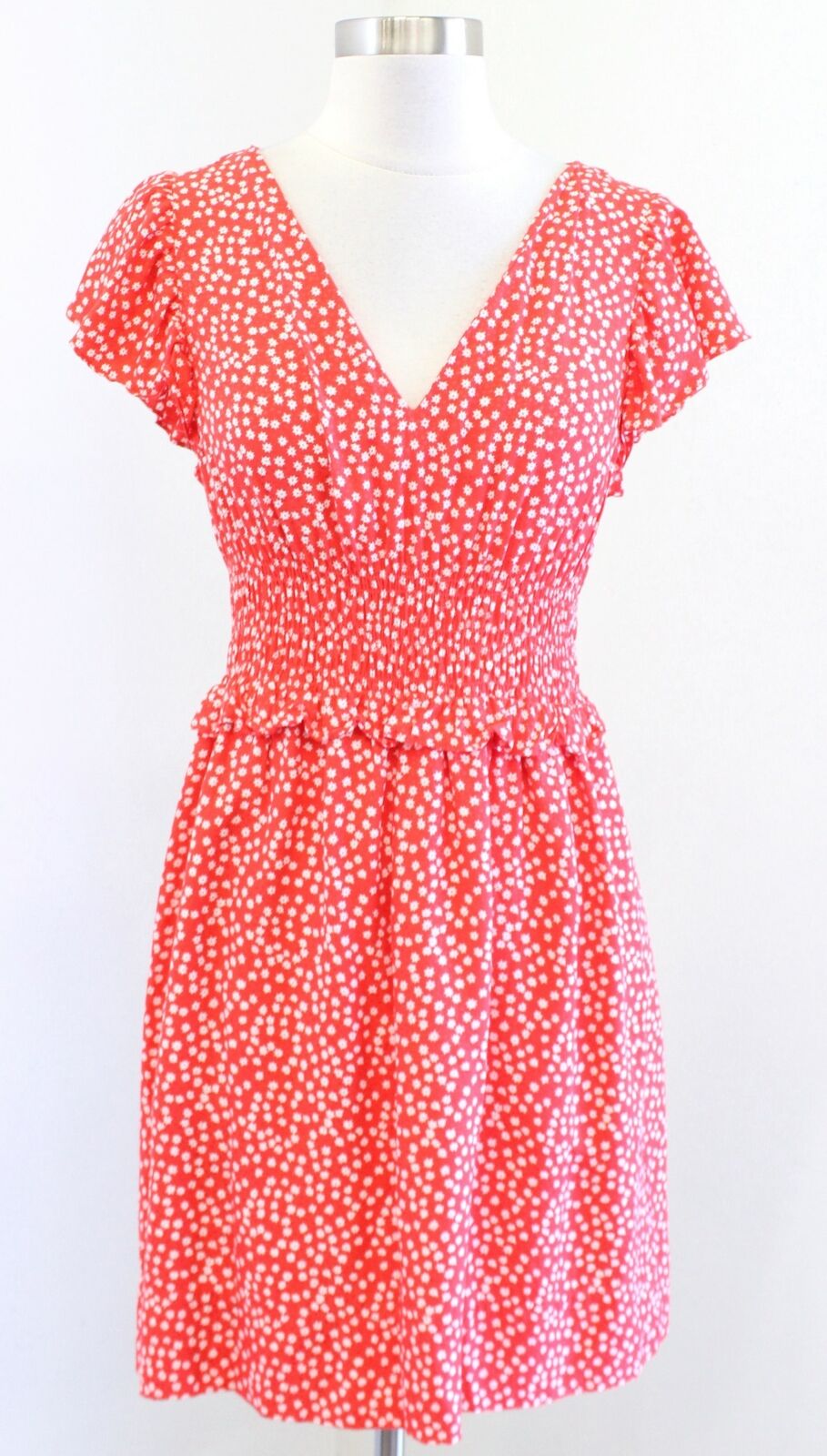 Rebecca Taylor Malia Coral Cherry Floral Print Smocked Waist Ruffle Silk Dress S