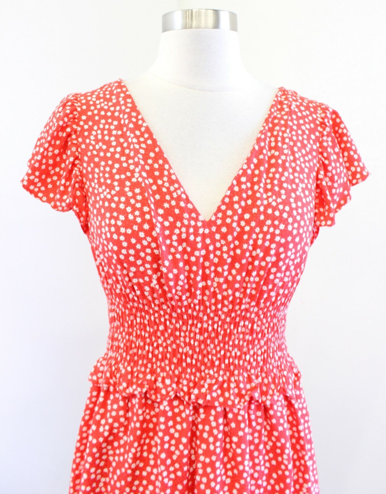 Rebecca Taylor Malia Coral Cherry Floral Print Smocked Waist Ruffle Silk Dress S