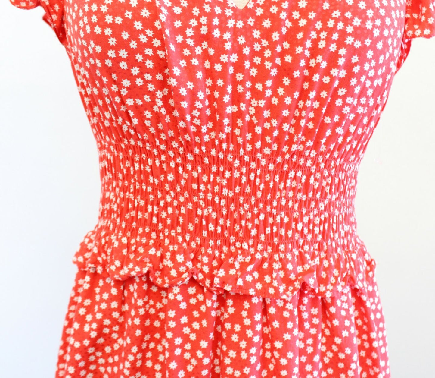 Rebecca Taylor Malia Coral Cherry Floral Print Smocked Waist Ruffle Silk Dress S