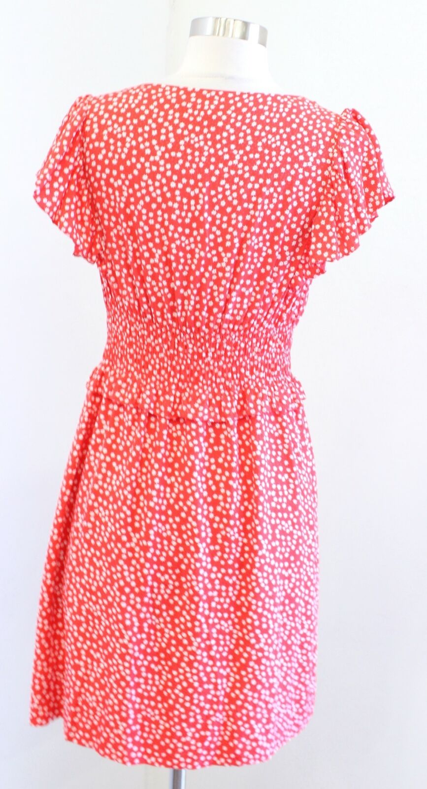 Rebecca Taylor Malia Coral Cherry Floral Print Smocked Waist Ruffle Silk Dress S