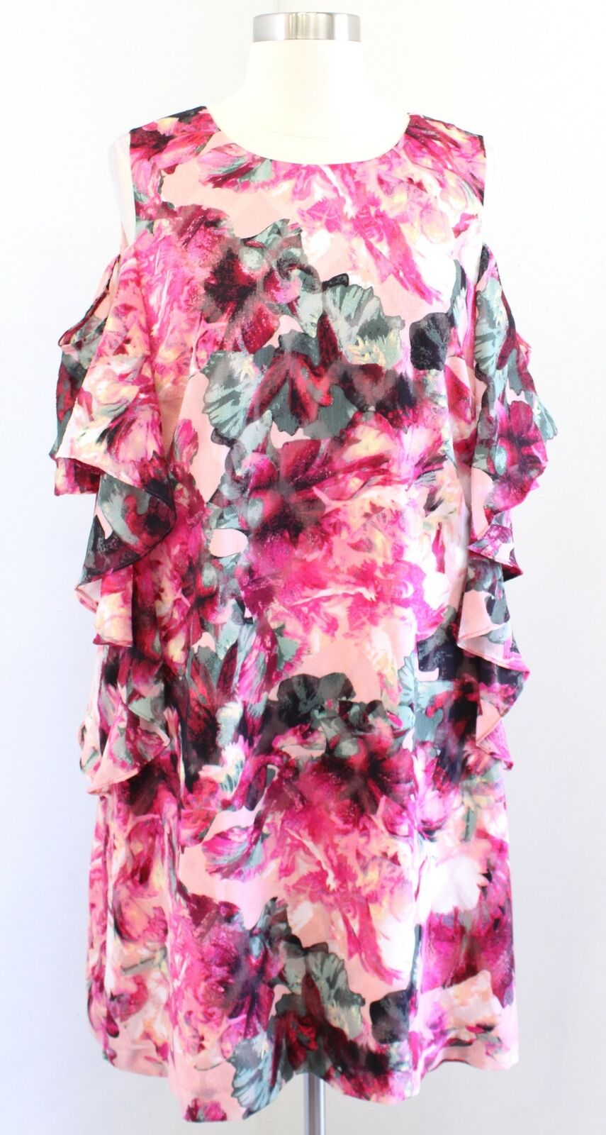 Tahari ASL Levine Pink Abstract Floral Ruffle Cold Shoulder Shift Dress Size 12