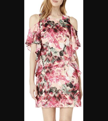 Tahari ASL Levine Pink Abstract Floral Ruffle Cold Shoulder Shift Dress Size 12