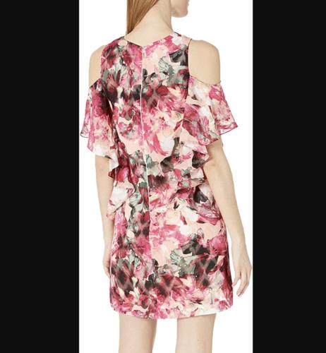 Tahari ASL Levine Pink Abstract Floral Ruffle Cold Shoulder Shift Dress Size 12