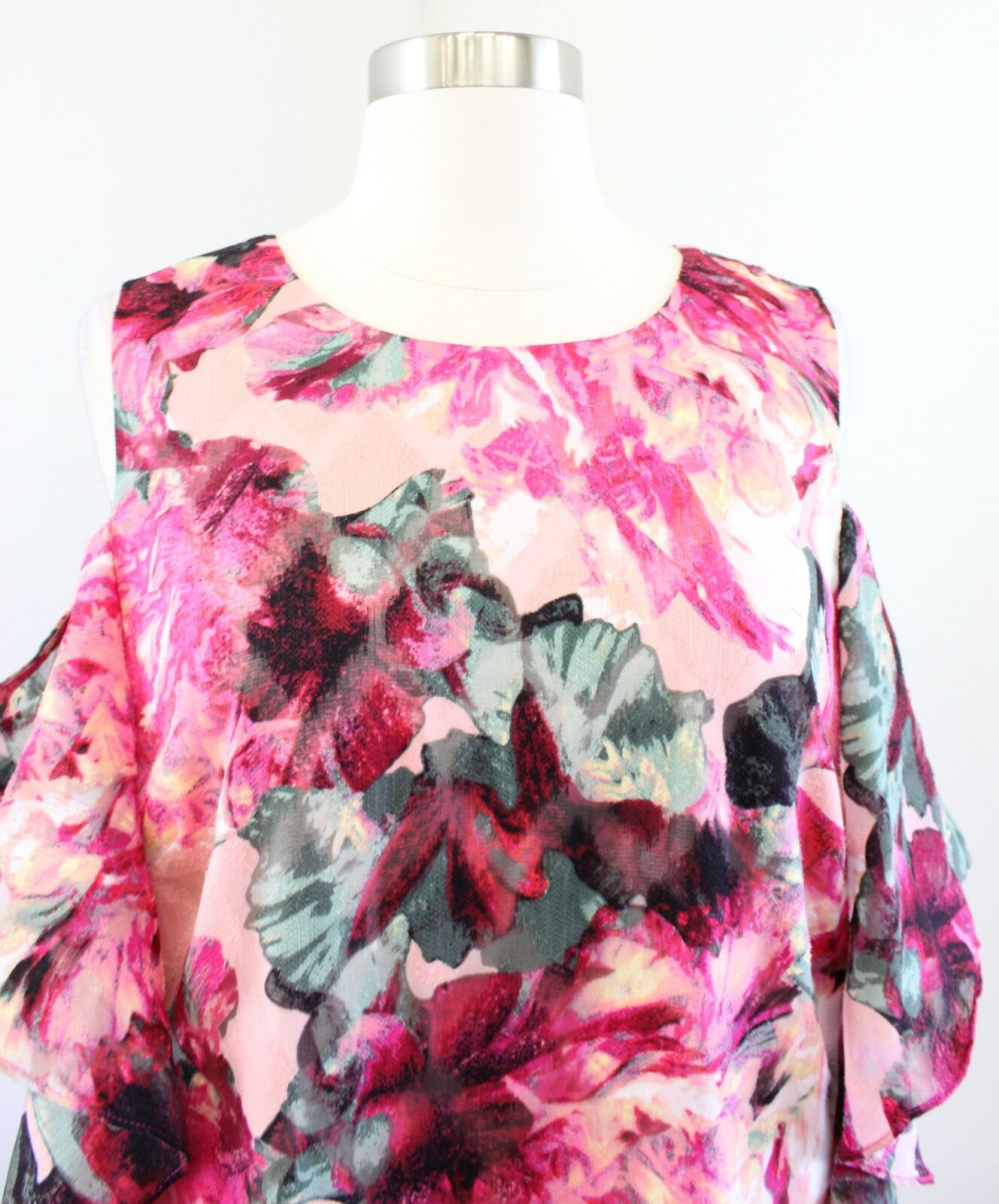 Tahari ASL Levine Pink Abstract Floral Ruffle Cold Shoulder Shift Dress Size 12