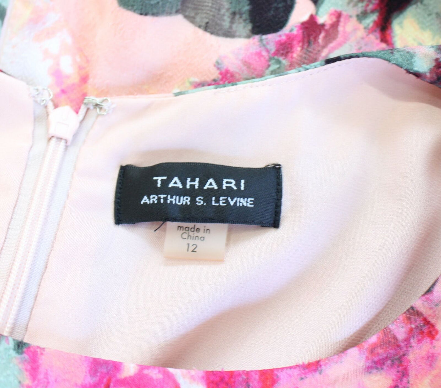 Tahari ASL Levine Pink Abstract Floral Ruffle Cold Shoulder Shift Dress Size 12
